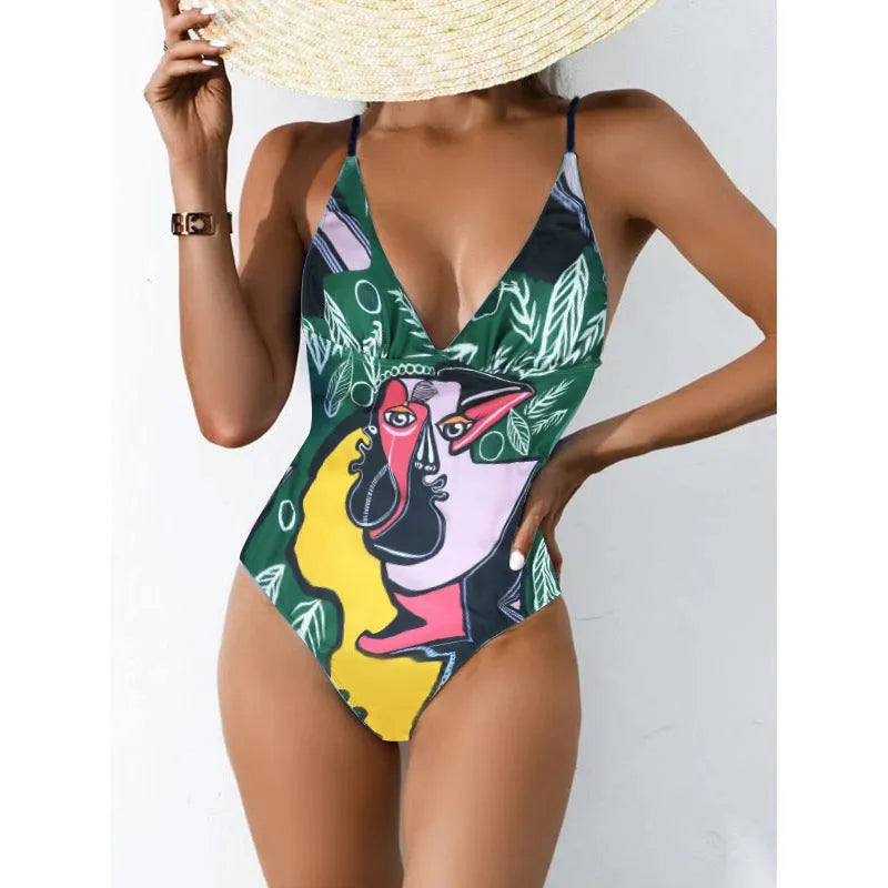 Women's plus size printed bikini swimsuit in solid colour with backless design and high elasticity construction