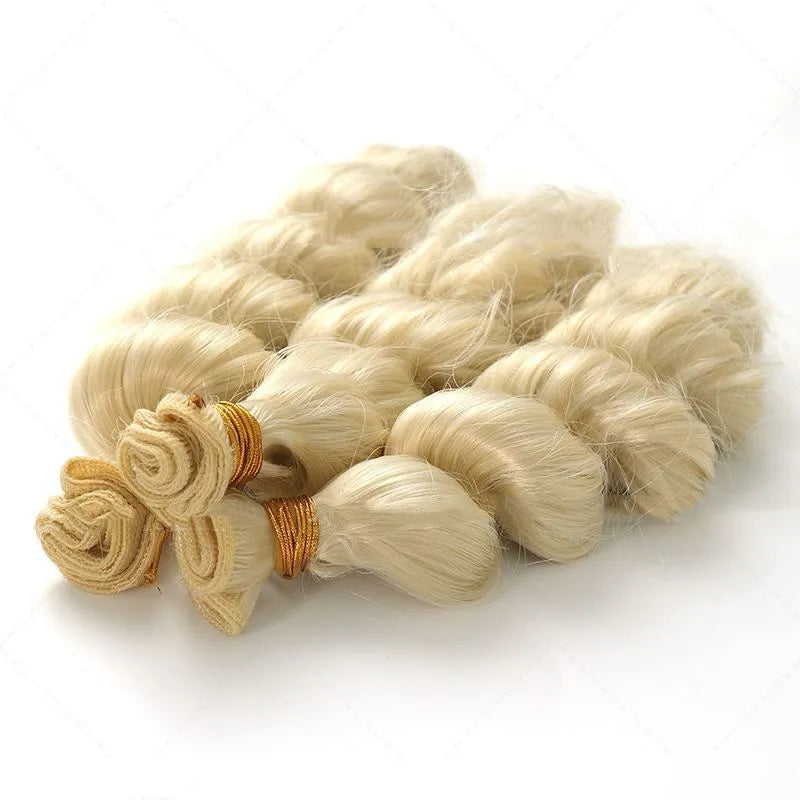 Golden synthetic hair weft wig for women showing three length options on display