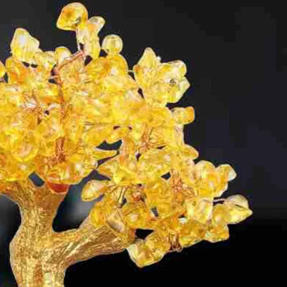 Citrine coloured resin Feng Shui money tree ornament with small water turtle design in Chinese style
