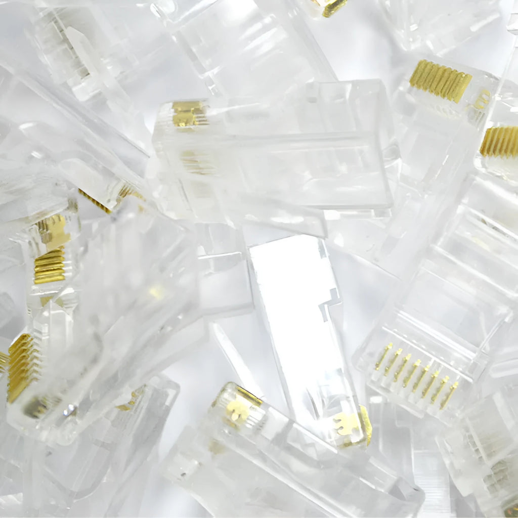 White RJ45 network modular plug with gold-plated contacts, 1000-piece bulk pack