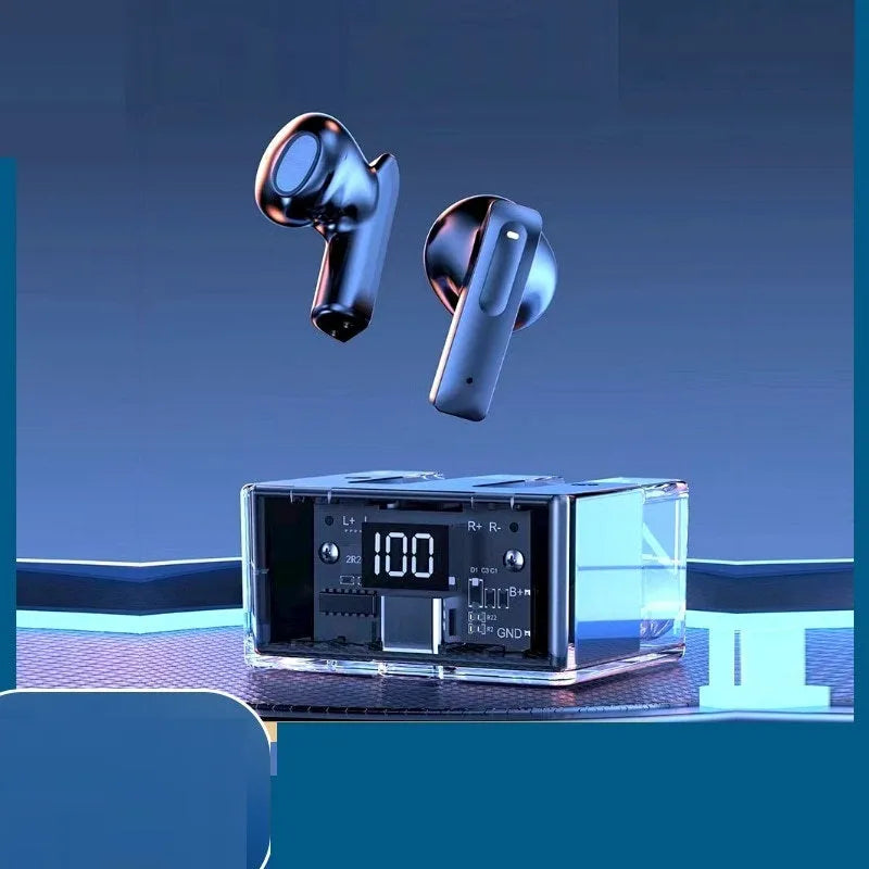 Transparent space capsule case containing true wireless Bluetooth earphones with digital display screen