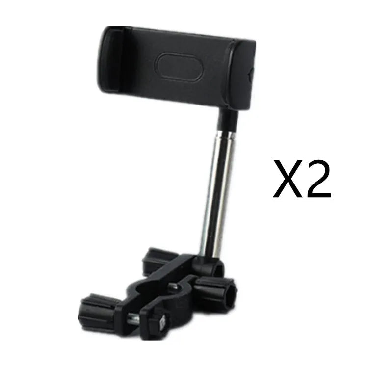 Black mobile phone bracket attached to car rearview mirror holding smartphone