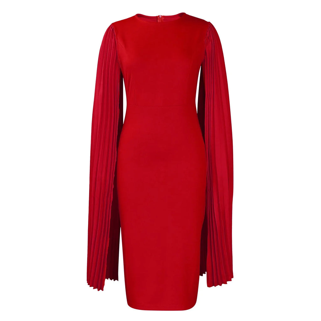 Long sleeve evening gown with pleated shawl collar and high waist in yellow, orange, red or green