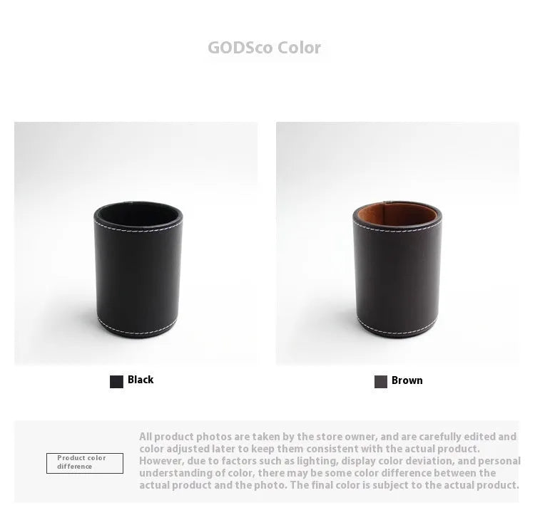 Black leather round pen holder showing cylindrical shape with 8.0cm diameter and 10.8cm height dimensions