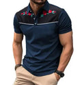 Man wearing a short sleeve mesh polo shirt with zipper decorations on a blue background.
