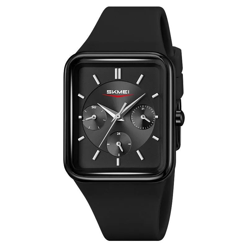 Square silicone waterproof watch for girls showing 10.8mm thickness and colour options
