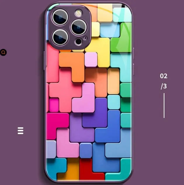 Silicone iPhone case with a raised cartoon geometric pattern on the back in a glass-effect colour.