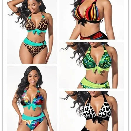 Women's colourful printed plus size bikini set with polyester-spandex blend fabric in multiple pattern options