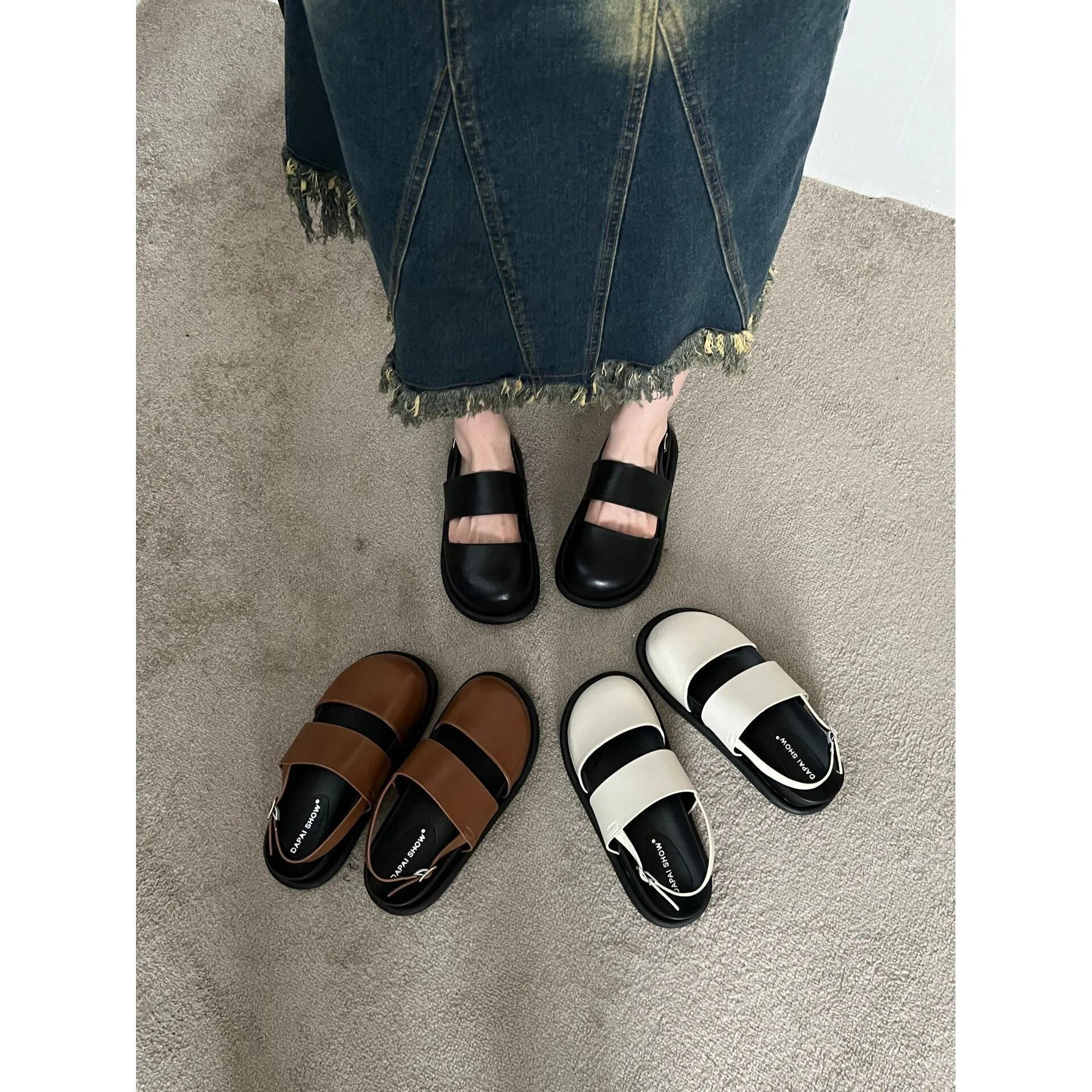 Women's retro apricot closed-toe sandals with an ankle strap buckle on a microfiber upper.