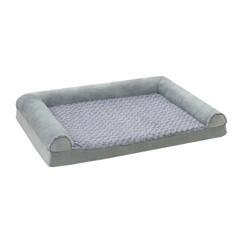 Grey cloth dog kennel with removable cushion for medium large breeds in indoor setting
