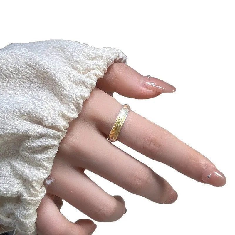 Traditional Xiangyun pattern white copper ring with electroplated silver gold finish and open mouth geometric design
