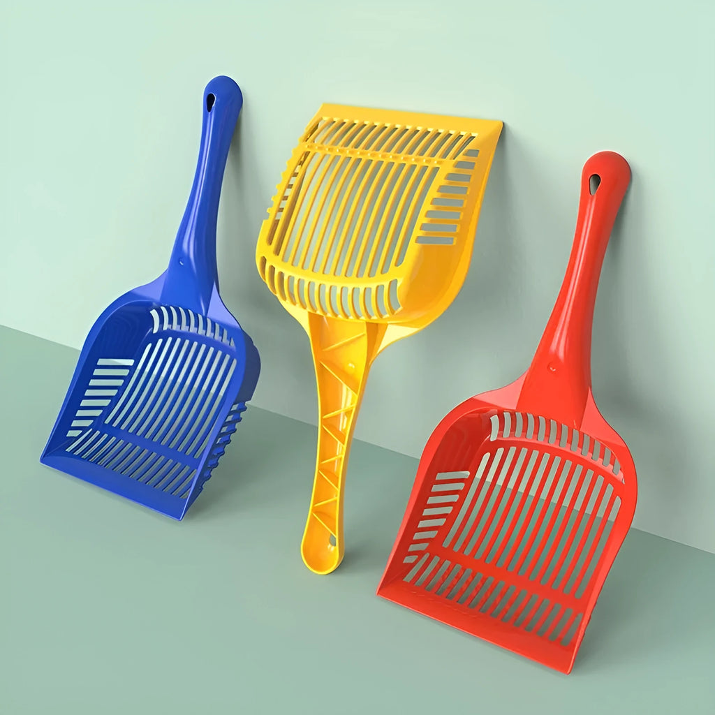 Plastic cat litter scoop in red, yellow, or blue colour showing small and medium size options