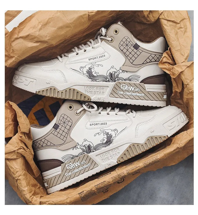 Men's beige, white, and blue high-top board shoes with flat rubber soles and lace-up front
