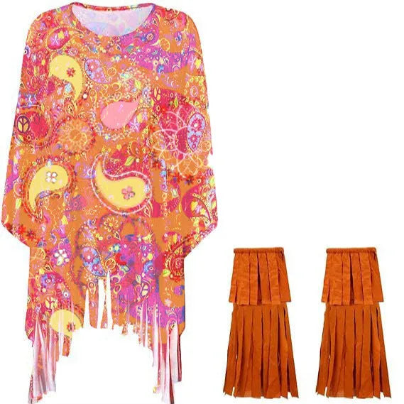 Tie dye cloak costume with bell sleeves in rainbow colours for Halloween and fantasy events
