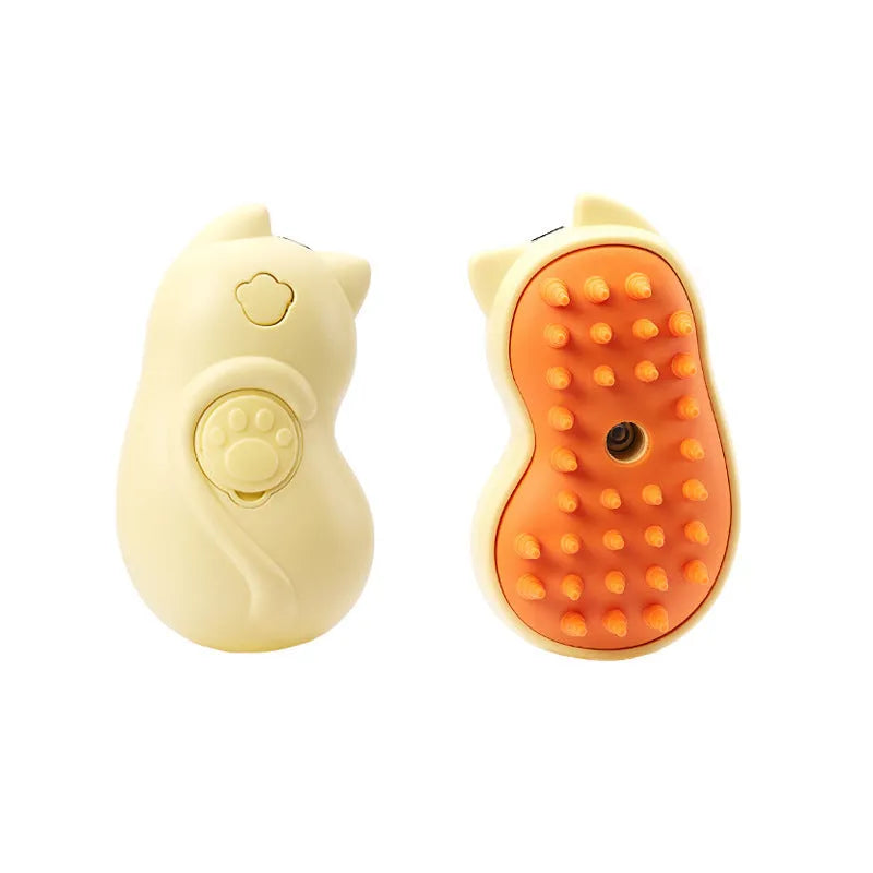 Steam-powered pet grooming brush with ergonomic handle for cats and dogs.