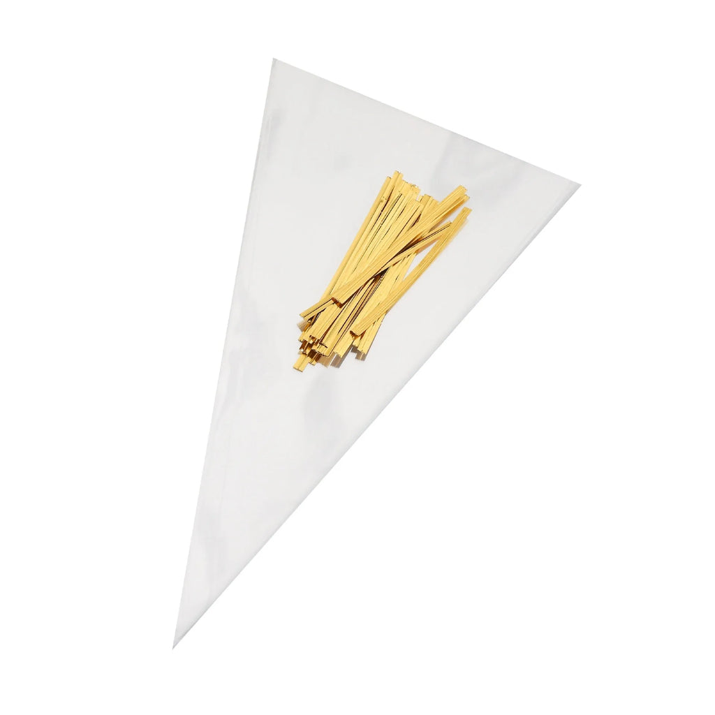 Clear triangle plastic packaging bag with twisted tie wire closure shown next to untied bag