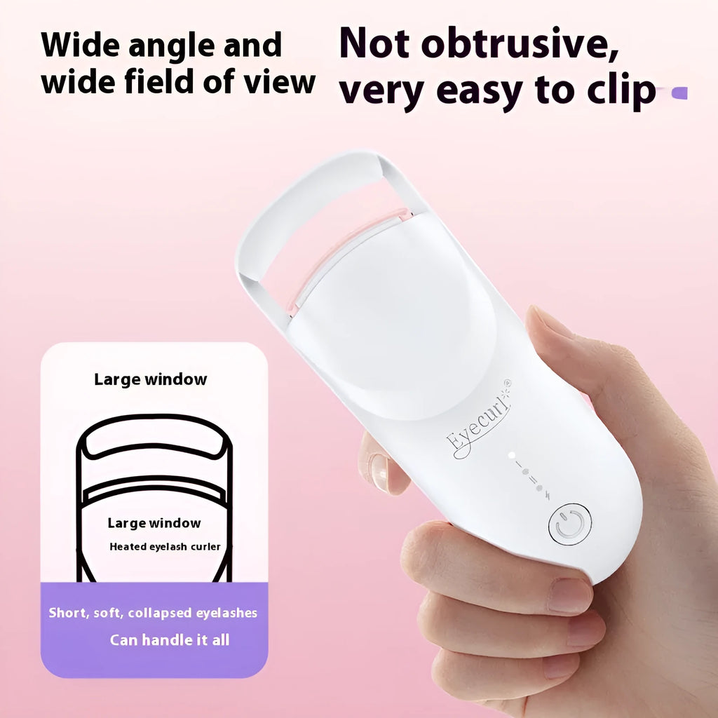 Electric heating eyelash curler in plastic, available in multiple colours with charging cable.