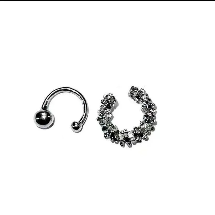 A pair of silver-toned geometric clip-on earrings with an irregular frosty finish and double drop design.