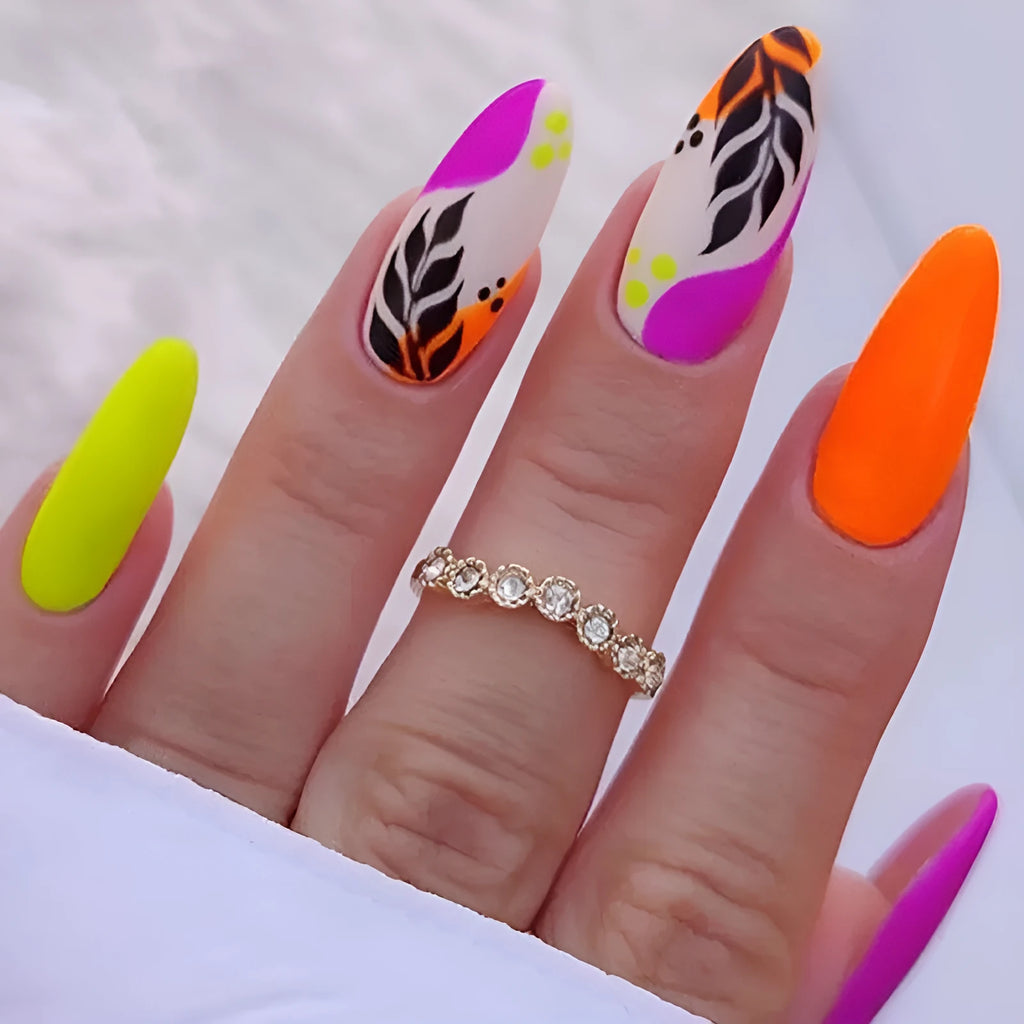 Medium almond armour frosted nail stickers in four colour designs showing tulip pattern