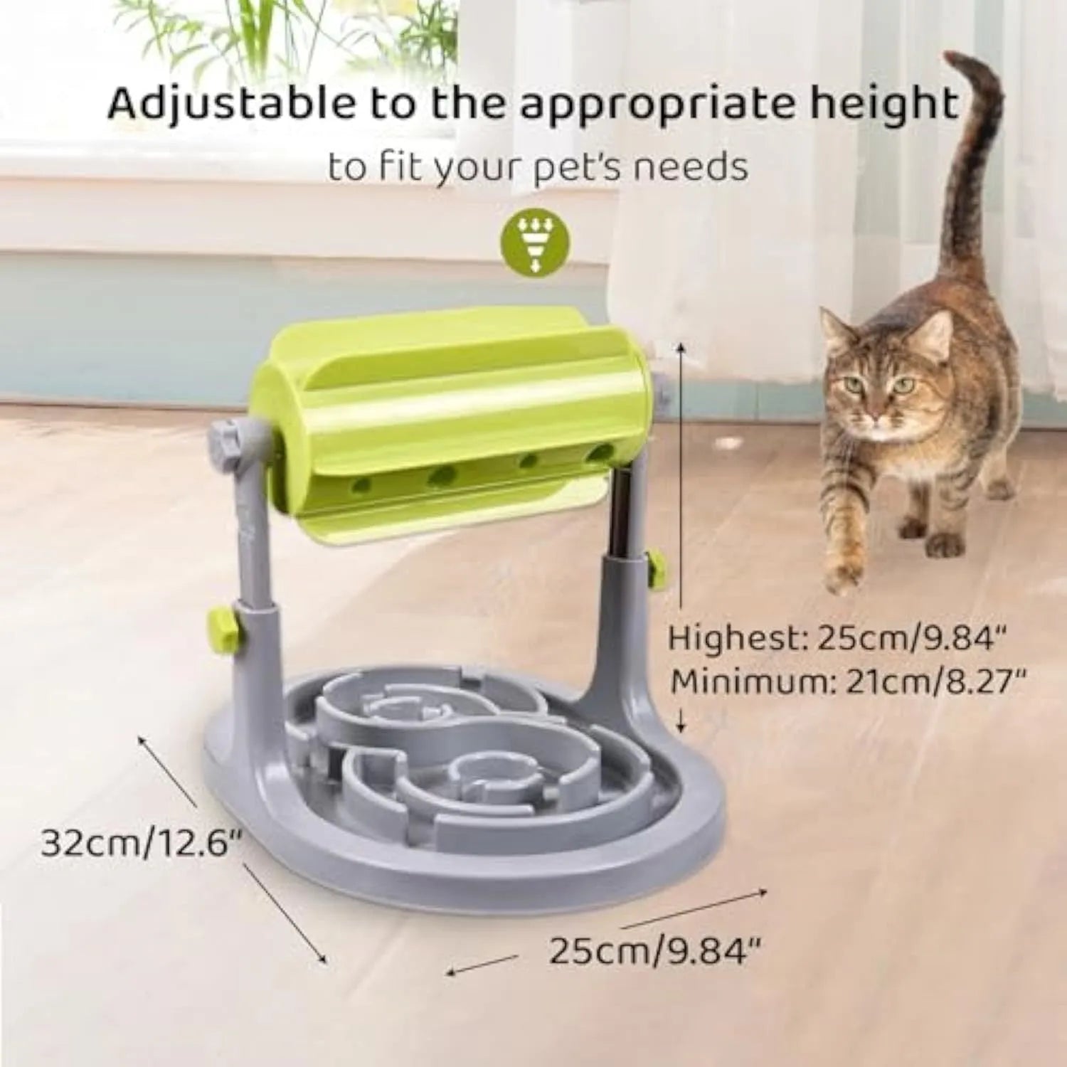 Interactive pet puzzle feeder bowl with adjustable height in blue, green, and pink colour options