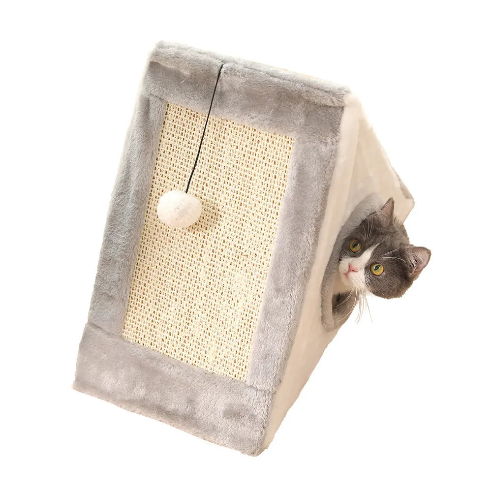 Triangular grey and white cat bed with sisal scratching posts on the sides.