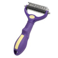 Purple plastic double-sided pet comb for removing knots from dog or cat fur.