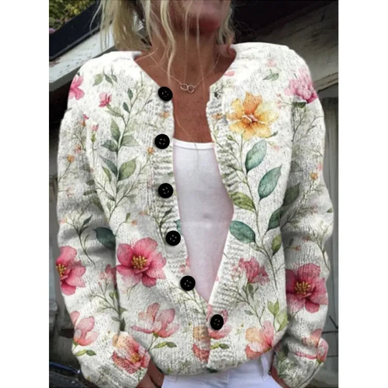 Yellow knitted cardigan coat featuring a digitally printed 3D pattern, open front, and regular sleeves.