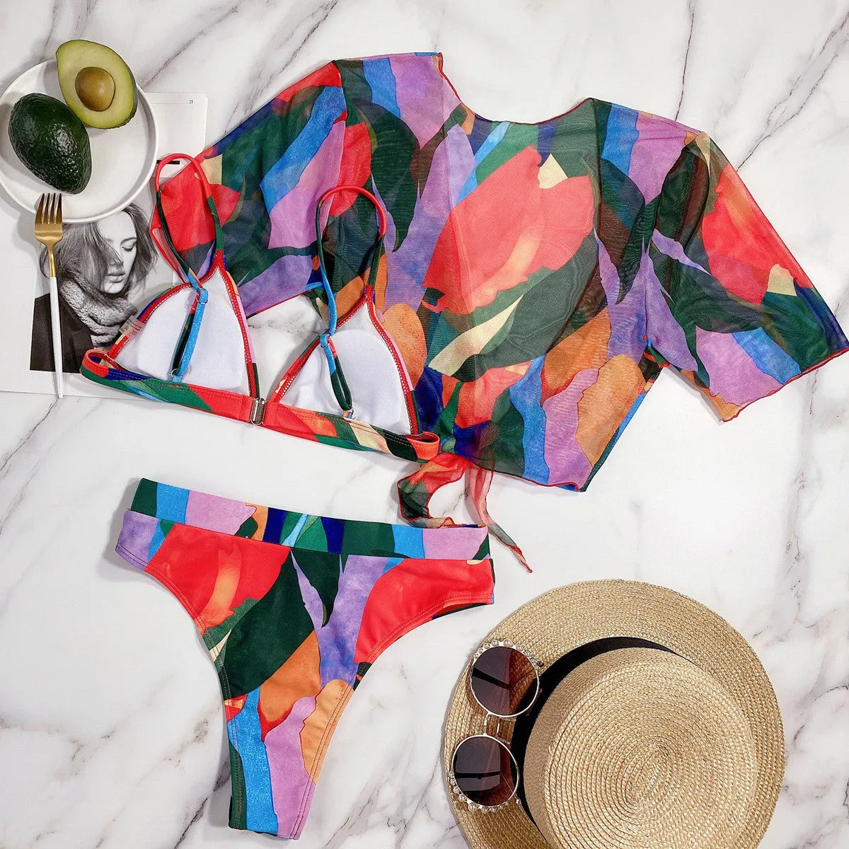 Red printed women's split swimsuit with briefs style for adult swimming sports