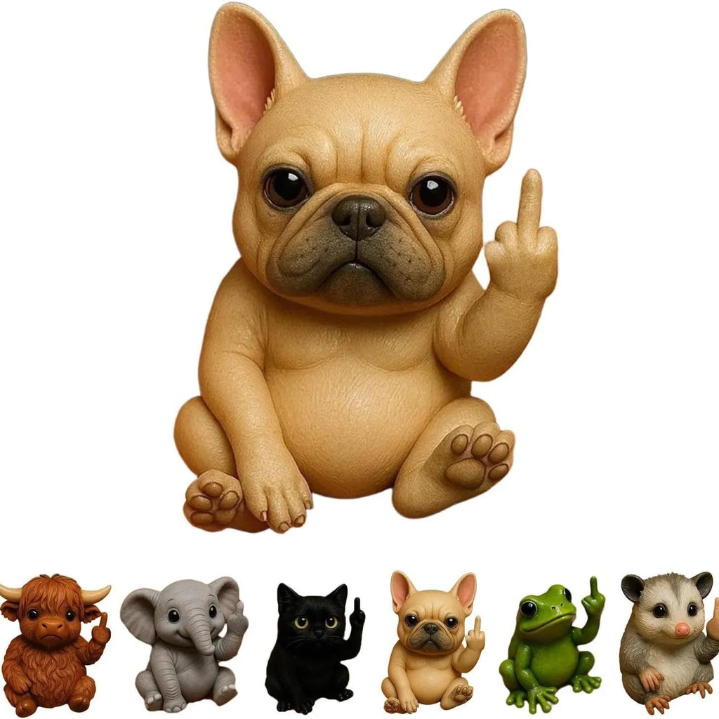 Resin animal middle finger ornament doll in choice of dog, cat, elephant, frog, Highland cattle, mouse, or turtle design.