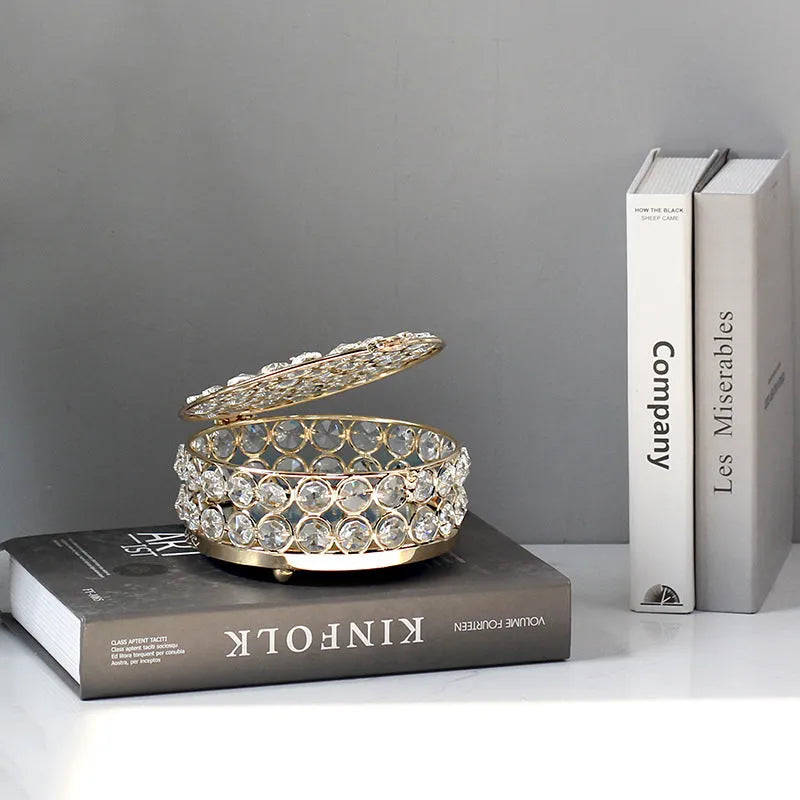 French gold jewelry storage box with crystal glass transparent lid on iron frame