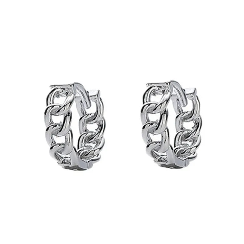 Silver geometric copper stud earrings for men in 10mm and 14mm sizes, shown singly and as a pair.