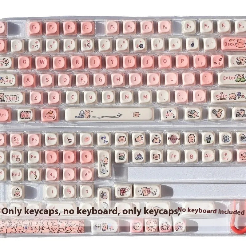 Pink PBT key cap set with a colourful fragrant pig character design on a keyboard.