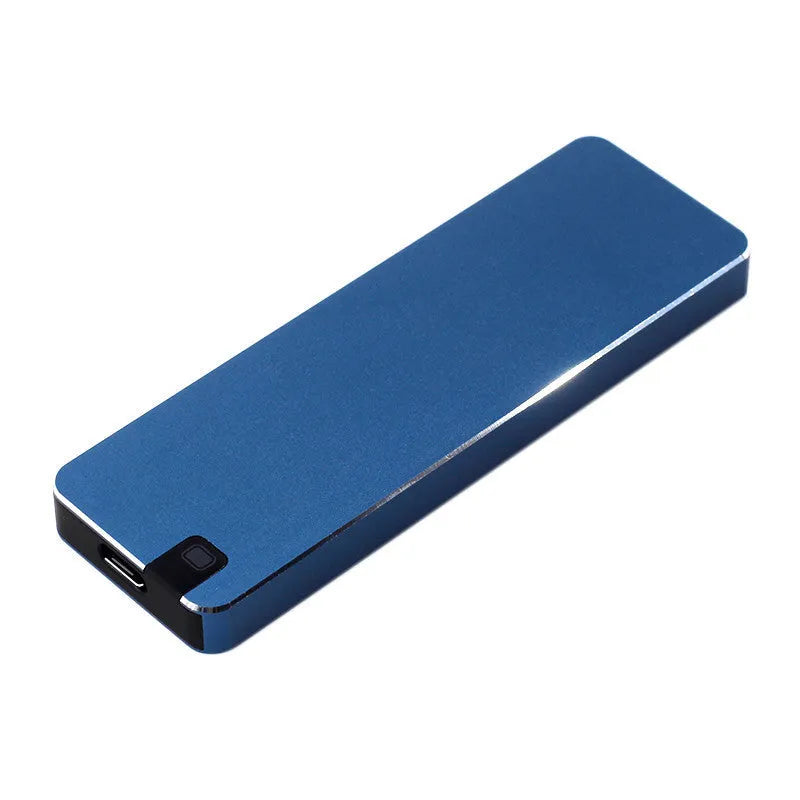 White metal-shell mobile solid state drive with USB 3.1 cable on packaging
