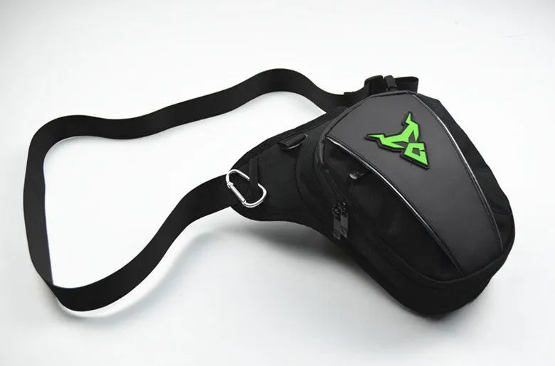 Motorcycle leg bag in red blue green grey colours with adjustable depth and crossbody shoulder waist carry options