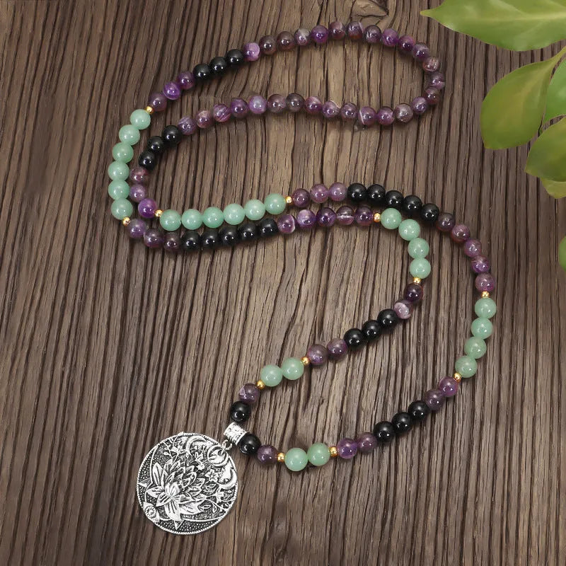 Handmade stone bead yoga necklace with alloy lotus pendant and matching bracelet