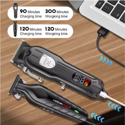 Black professional hair clipper set with LED display and adjustable length lever