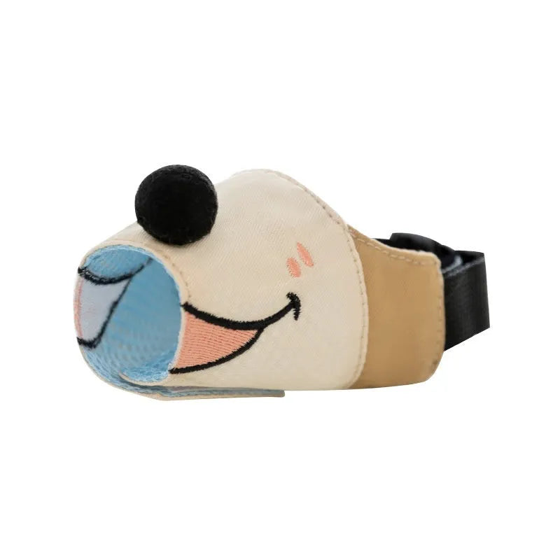 Canvas dog muzzle anti-bite mouth cover in Ollie Brown Bear colour with size chart showing weight recommendations
