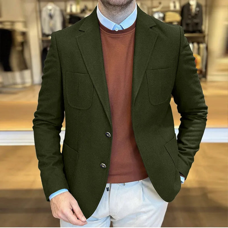 Men's loose fit cotton retro suit jacket in army green colour with tailored casual styling