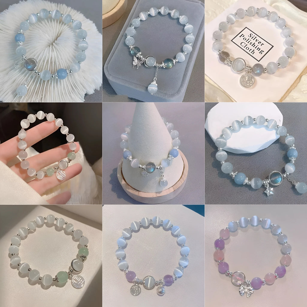 Moonlight grey glass and coloured glaze women's bracelet with drop-shaped and round beads.