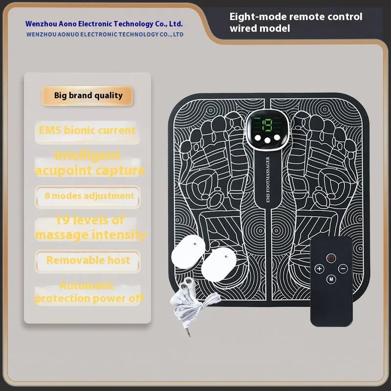 Blue rechargeable foot massager mat with remote control on wooden floor