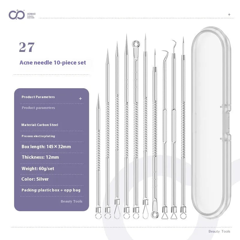 Four metal acne needles with ultra fine points stored in a black plastic clip.
