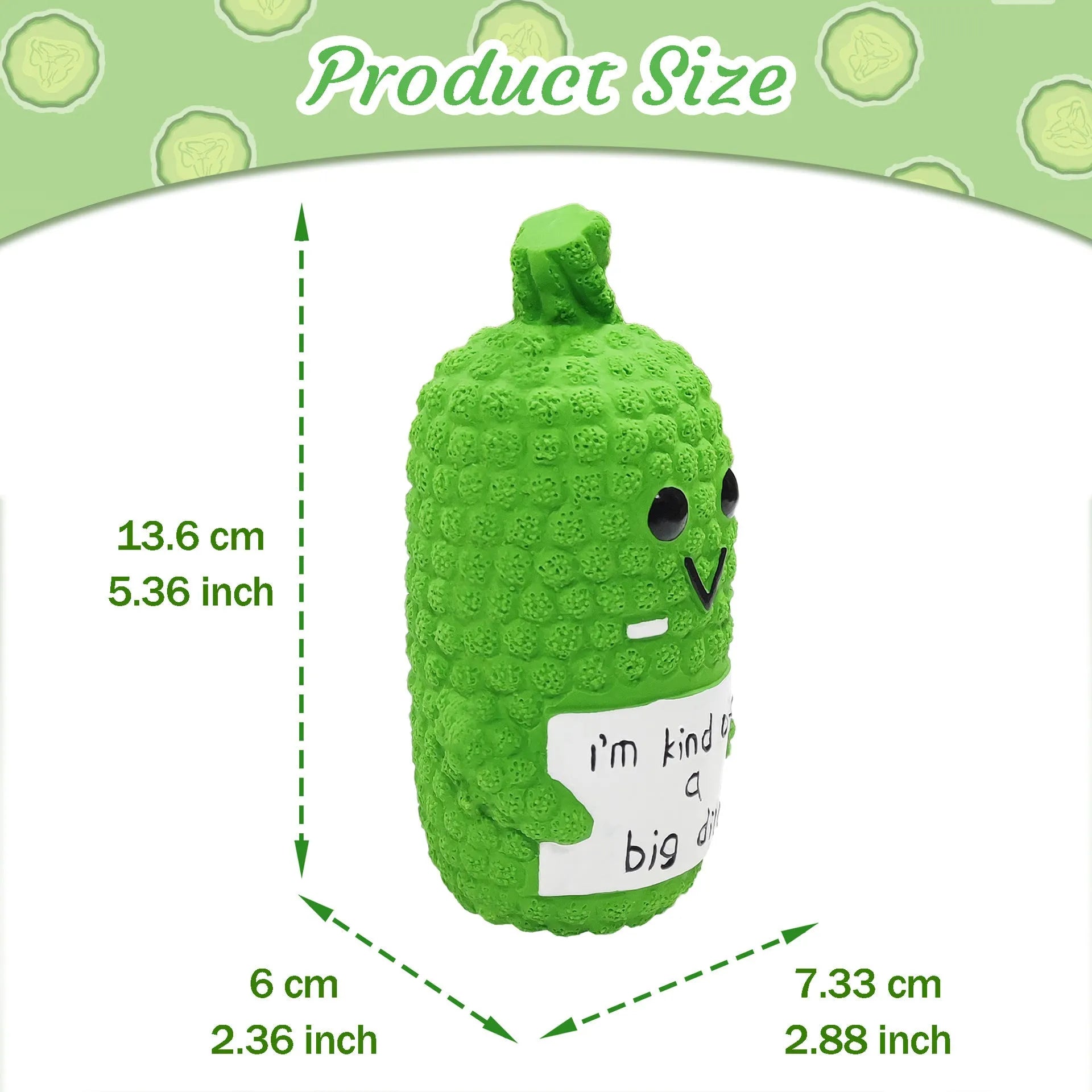 Green latex pickle-shaped dog chew toy with surface nubs and a squeaker inside.