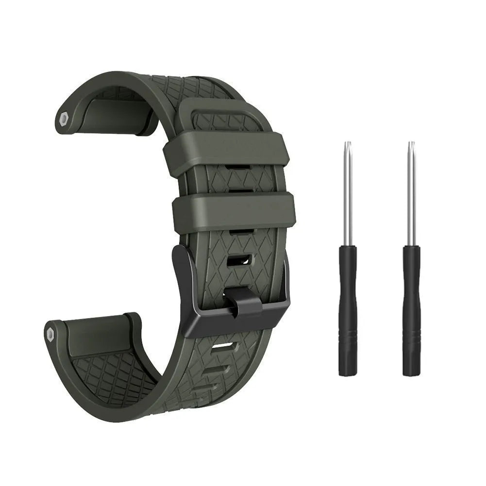 Jiaming watch replacement strap with black silicone and stainless steel buckle showing 26mm width