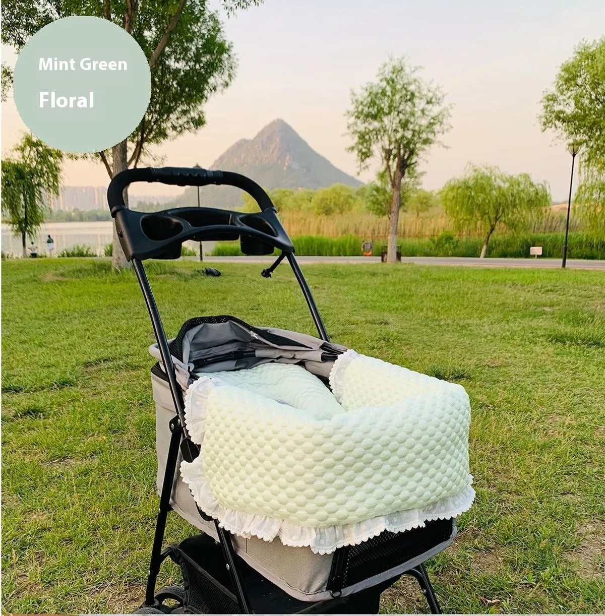 Pure cotton pet stroller accessory set showing removable towel, cushion and pillow in striped pattern