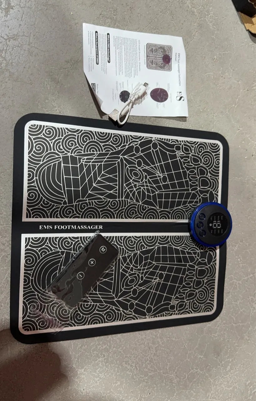 Leather foot massage cushion with wireless remote control showing LCD display