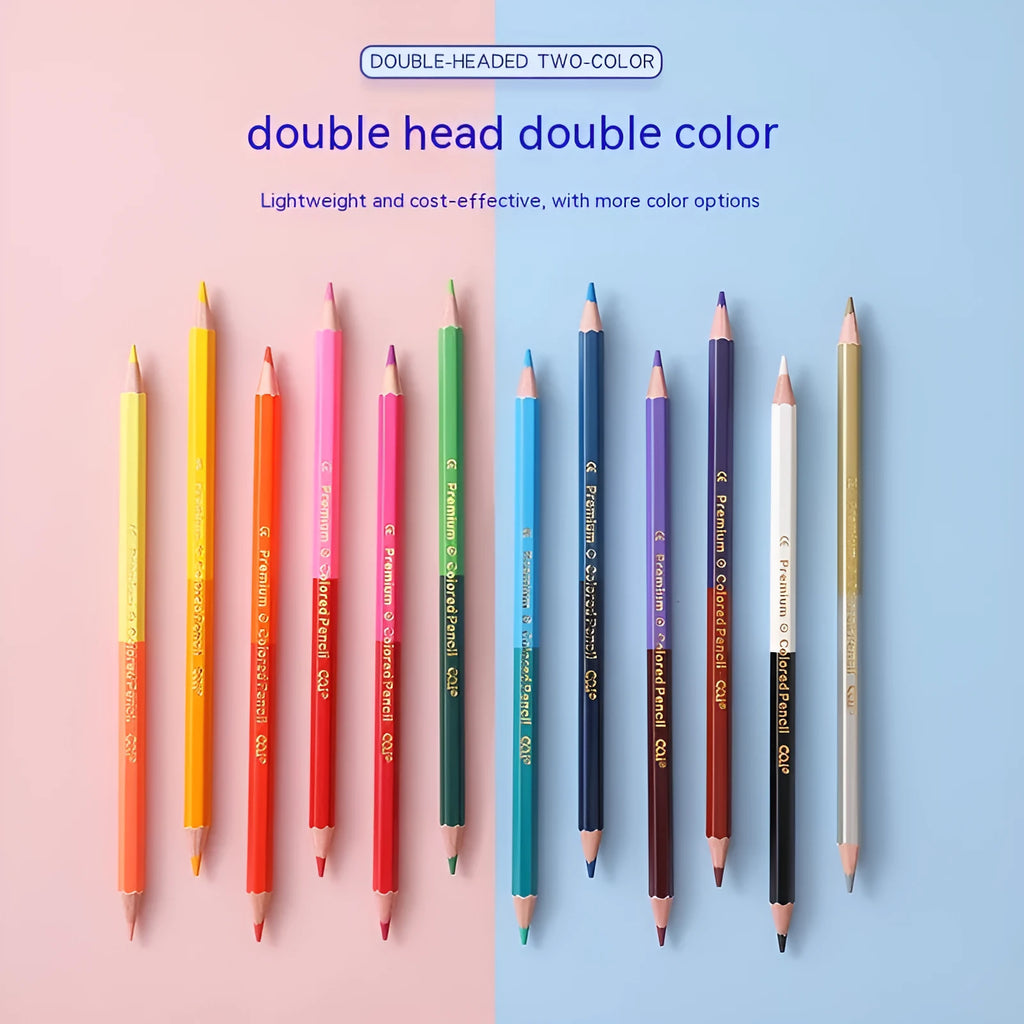 Set of wooden colouring pencils in a pack, showing options for 12 or 24 colours.