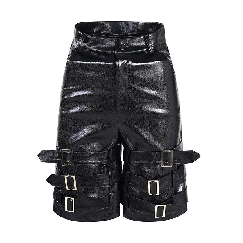 Men's black PU leather cropped shorts with medium-low waist design and leather ring detailing