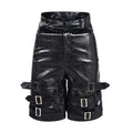 Men's black PU leather cropped shorts with medium-low waist design and leather ring detailing