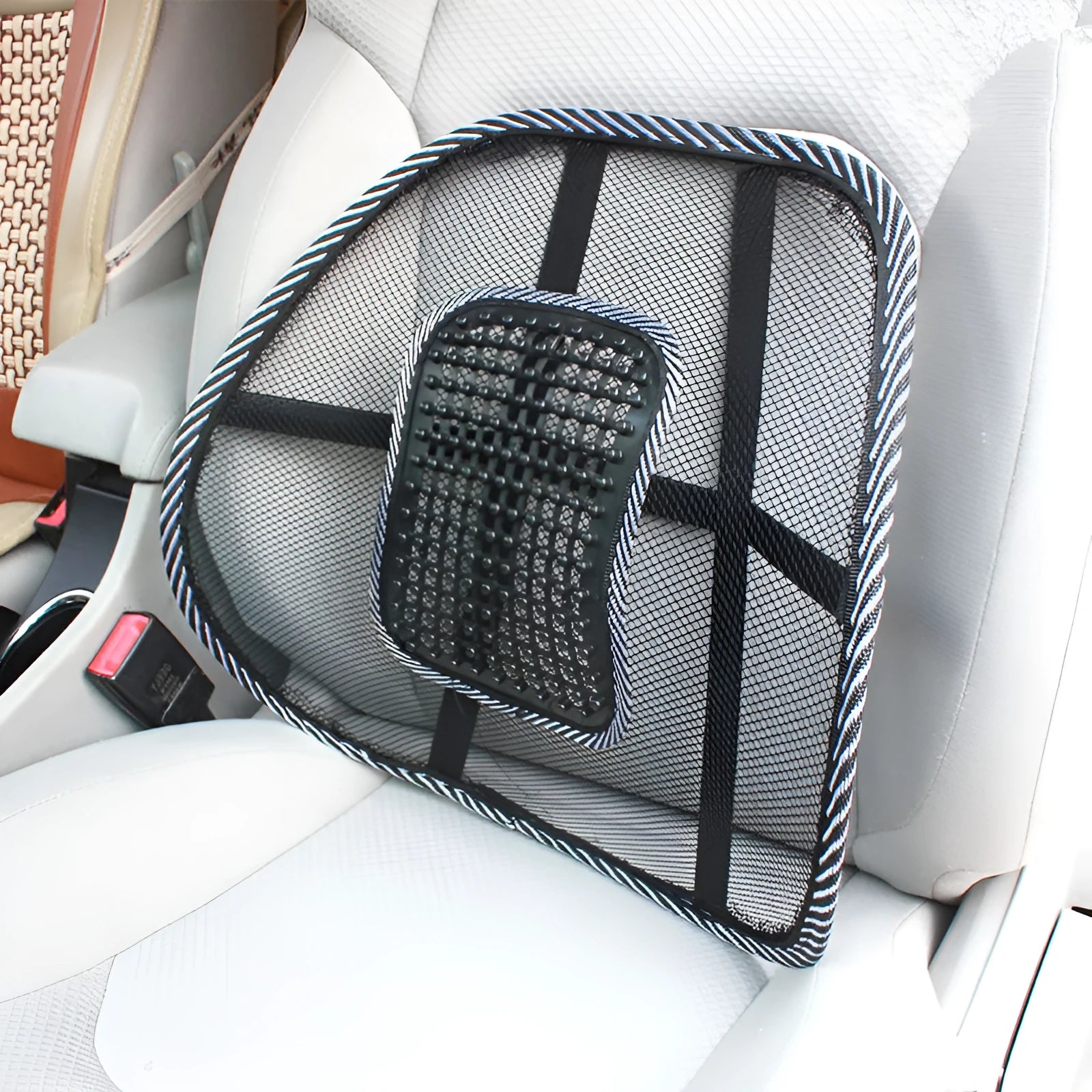 Black car lumbar support pillow showing dimensions of 41cm by 39cm with steel frame construction