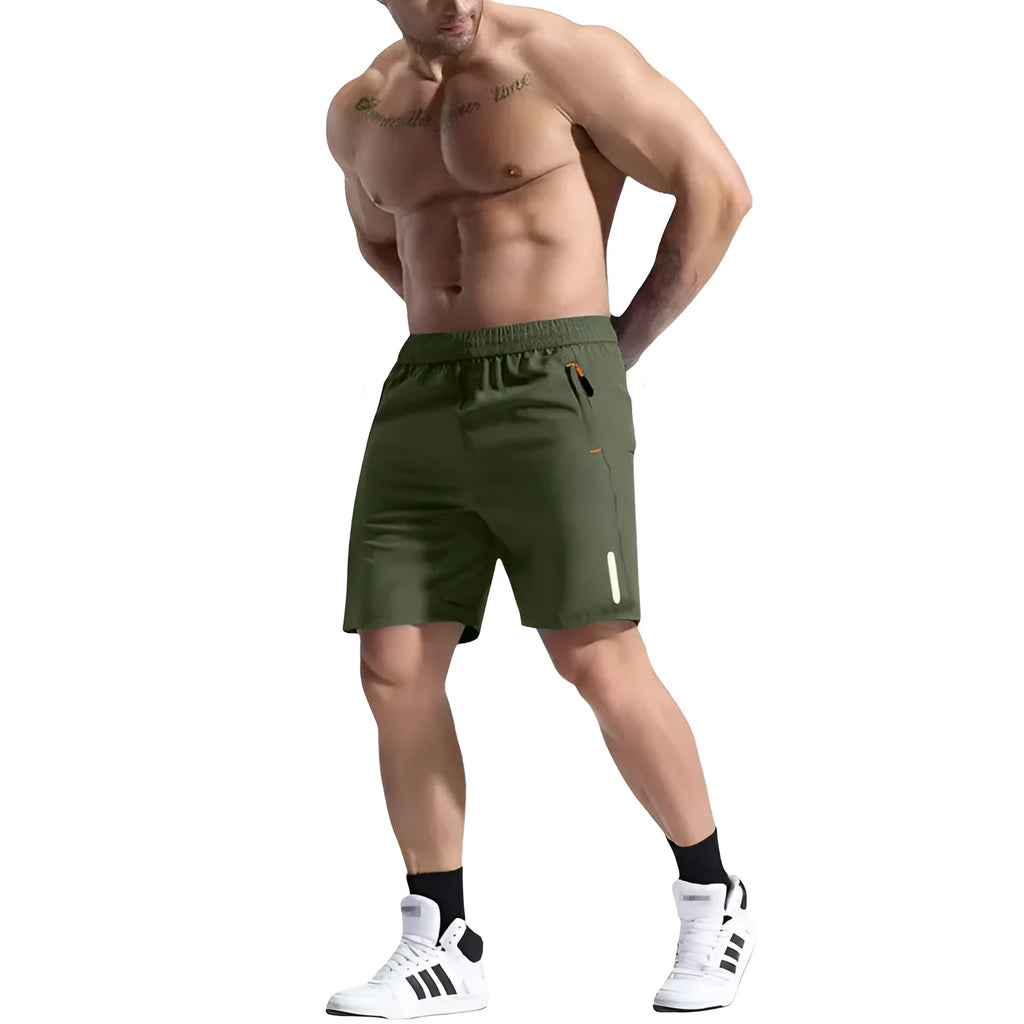 Men's grey elastic waist sports shorts made from polyester and bamboo fibre fabric on a man running outdoors.